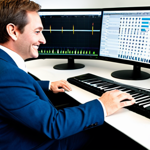 Home 14 A professional music theory instructor, fully clothed in a modest business suit, is seated at a sleek modern desk in a well-lit, organized office. They are looking at a large monitor displaying complex digital music scores and an AI-powered analysis interface, with a subtle smile of satisfaction. The instructor's hands are resting calmly on a keyboard or mouse, demonstrating efficient work. The background is clean and professional. perfect anatomy, correct proportions, natural pose, well-formed hands, proper finger count, natural body proportions, professional dress, appropriate attire, safe for work, appropriate content, fully clothed, professional photography, high quality.