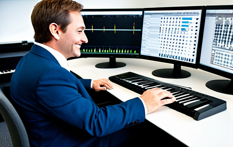 A professional music theory instructor, fully clothed in a modest business suit, is seated at a sleek modern desk in a well-lit, organized office. They are looking at a large monitor displaying complex digital music scores and an AI-powered analysis interface, with a subtle smile of satisfaction. The instructor's hands are resting calmly on a keyboard or mouse, demonstrating efficient work. The background is clean and professional. perfect anatomy, correct proportions, natural pose, well-formed hands, proper finger count, natural body proportions, professional dress, appropriate attire, safe for work, appropriate content, fully clothed, professional photography, high quality.