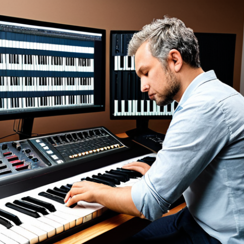 Home 7 A focused professional composer, fully clothed in a modest, contemporary business casual outfit, sitting at a state-of-the-art music studio desk. The desk features a sleek digital audio workstation (DAW) interface, a keyboard synthesizer, and a neatly organized music score. The background is a clean, modern studio space with soundproofing panels and soft, ambient lighting, hinting at a creative and inspiring atmosphere. The composer is in a natural pose, deep in thought, embodying the process of transforming abstract musical ideas into structured compositions. This image should have perfect anatomy, correct proportions, well-formed hands, proper finger count, natural body proportions, professional photography, high quality, safe for work, appropriate content, fully clothed, professional.