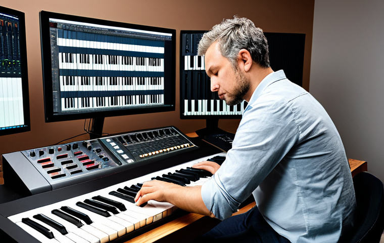 A focused professional composer, fully clothed in a modest, contemporary business casual outfit, sitting at a state-of-the-art music studio desk. The desk features a sleek digital audio workstation (DAW) interface, a keyboard synthesizer, and a neatly organized music score. The background is a clean, modern studio space with soundproofing panels and soft, ambient lighting, hinting at a creative and inspiring atmosphere. The composer is in a natural pose, deep in thought, embodying the process of transforming abstract musical ideas into structured compositions. This image should have perfect anatomy, correct proportions, well-formed hands, proper finger count, natural body proportions, professional photography, high quality, safe for work, appropriate content, fully clothed, professional.